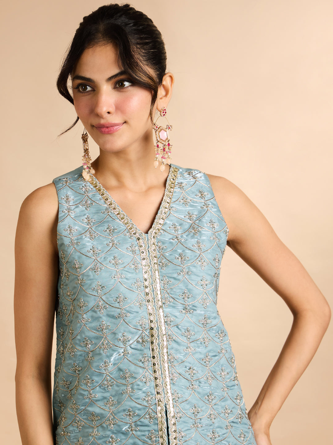 Janasya Women's Sky Blue Silk Blend Floral Zari Embroidered Waistcoat Co-Ord Set