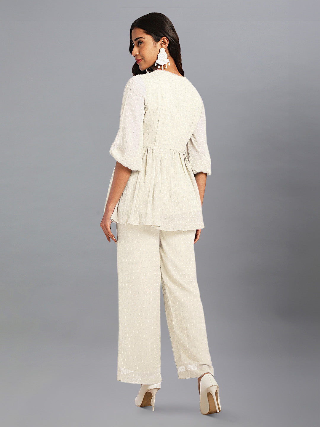 Off White Dobby Chiffon Self Design Co-Ord Set