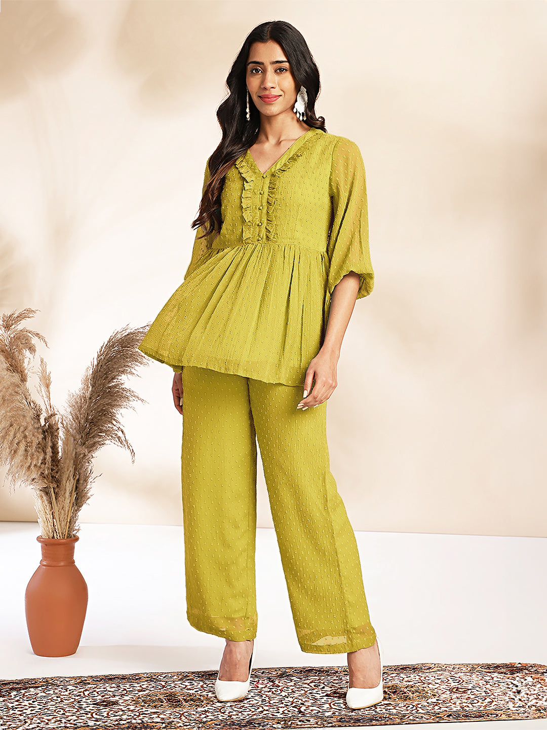 Mustard Dobby Chiffon Self Design Co-Ord Set