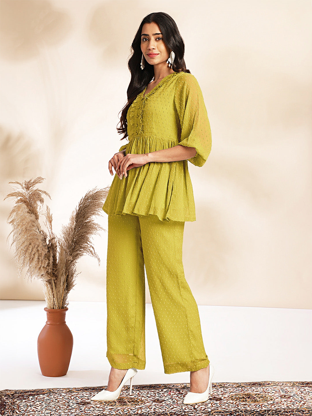 Mustard Dobby Chiffon Self Design Co-Ord Set