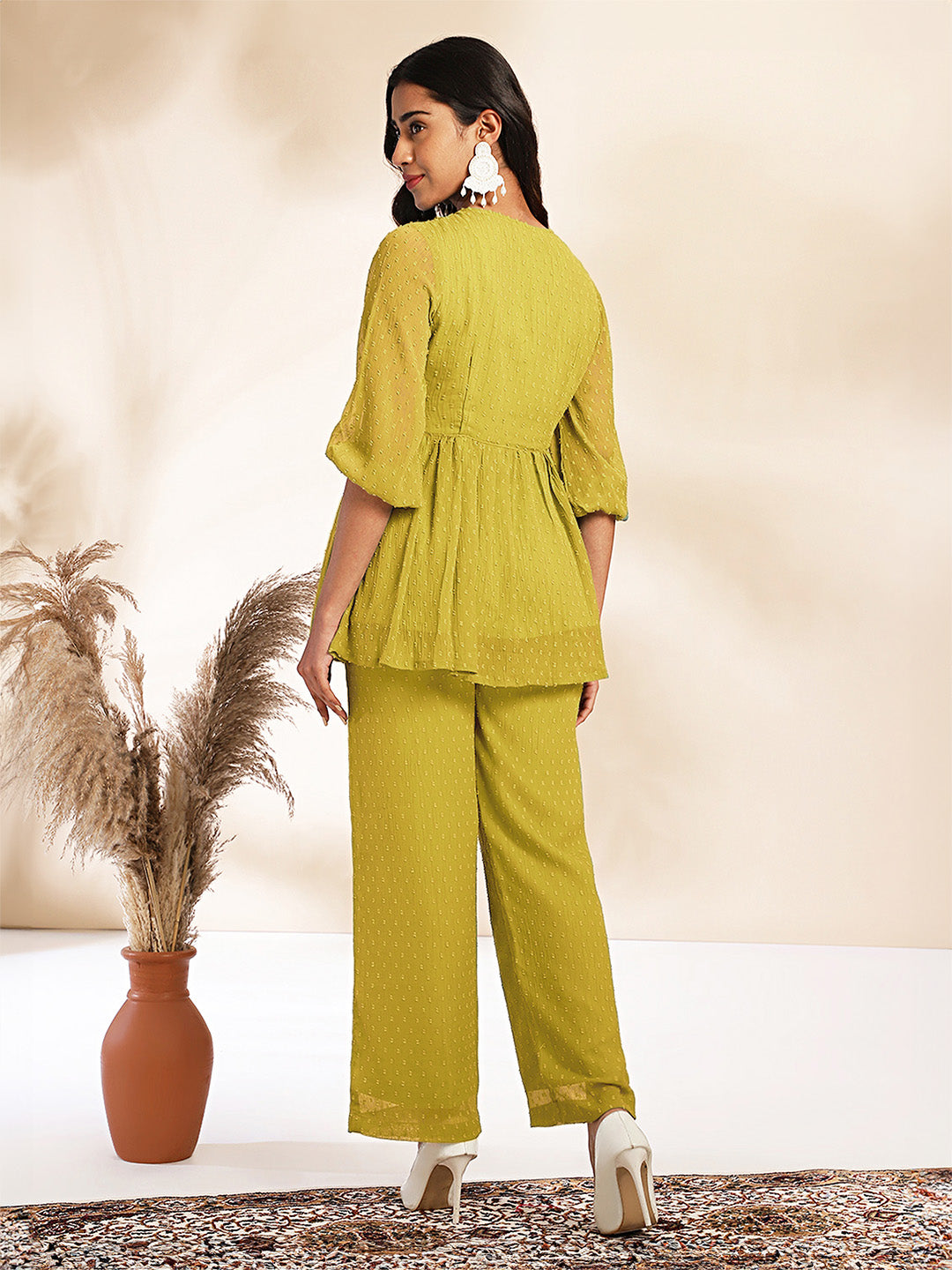 Mustard Dobby Chiffon Self Design Co-Ord Set