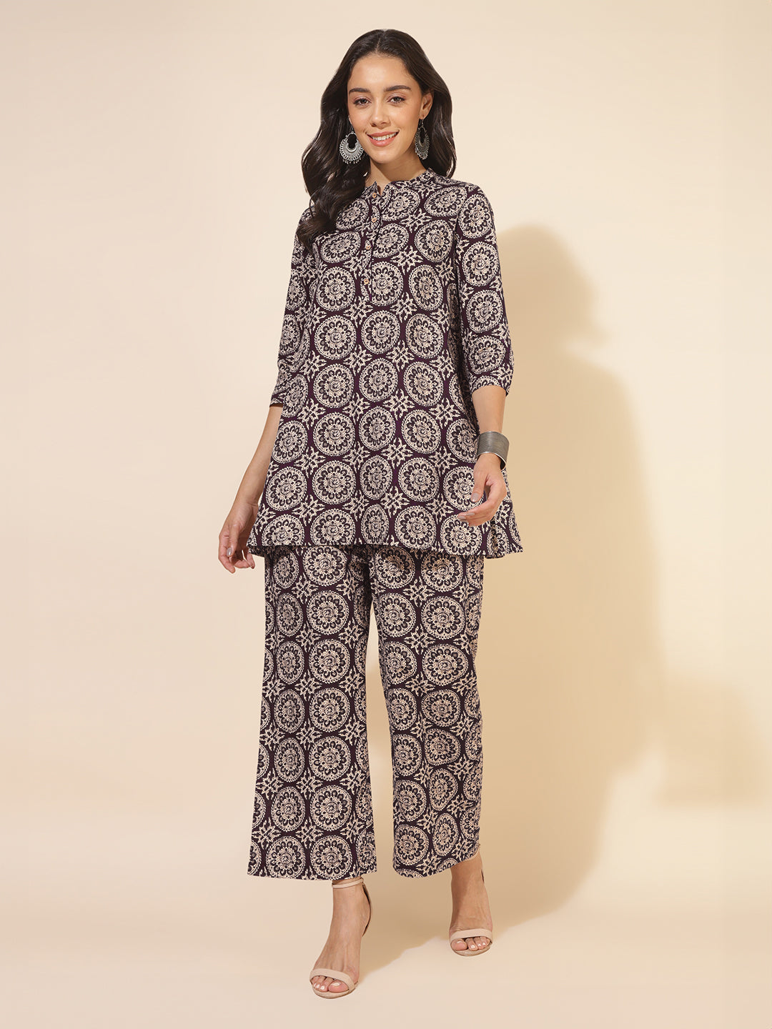 Wine Pure Cotton Ethnic Motifs Printed A-Line Co-Ord Set