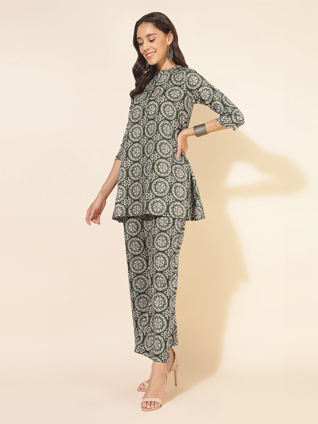 Olive Green Pure Cotton Ethnic Motifs Printed A-Line Co-Ord Set