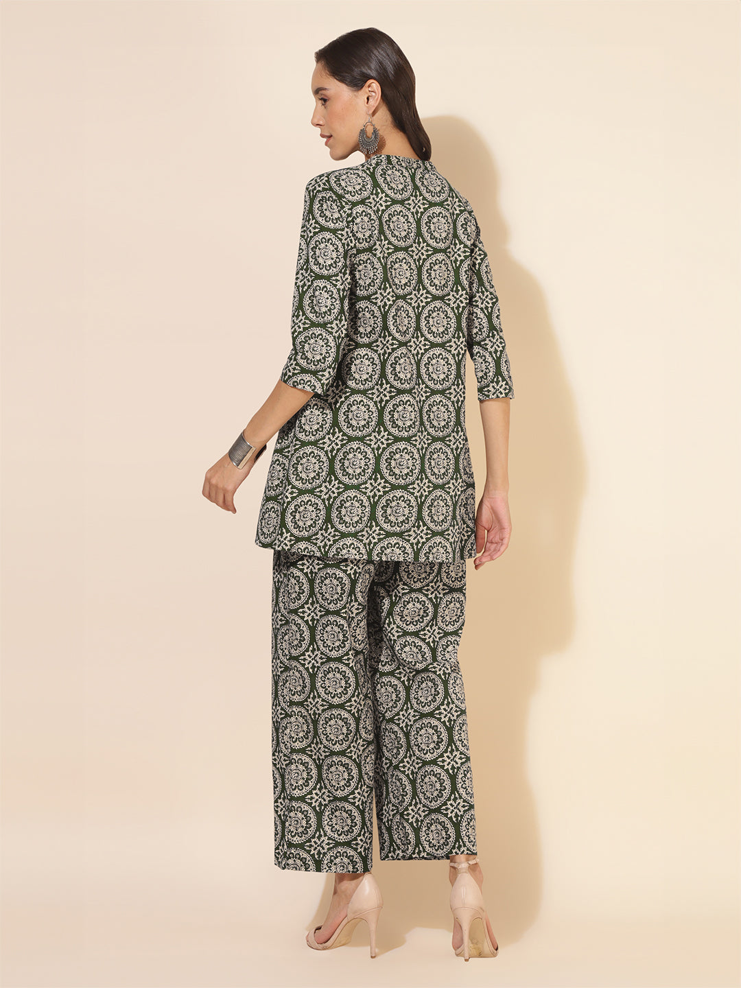 Olive Green Pure Cotton Ethnic Motifs Printed A-Line Co-Ord Set