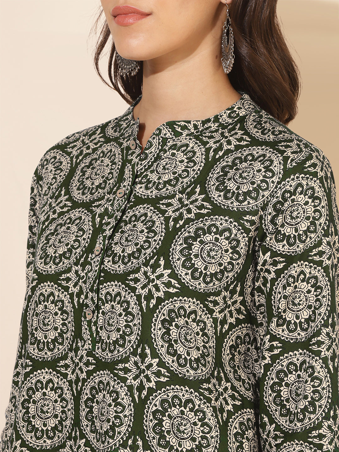 Olive Green Pure Cotton Ethnic Motifs Printed A-Line Co-Ord Set