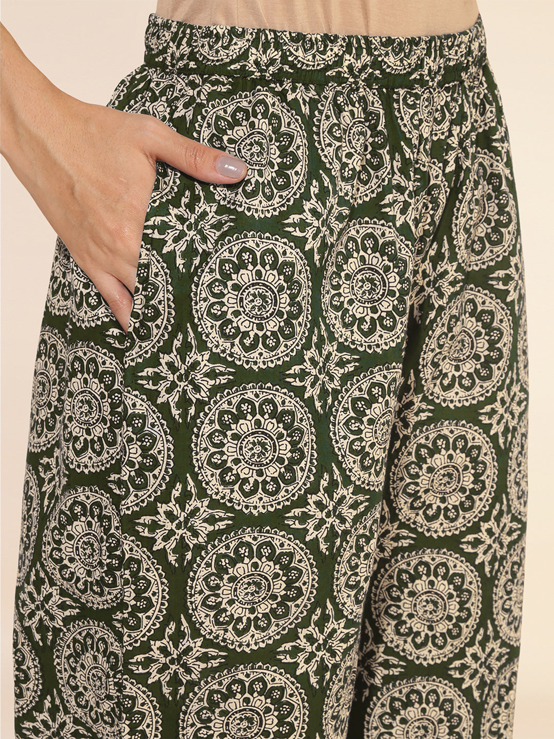 Olive Green Pure Cotton Ethnic Motifs Printed A-Line Co-Ord Set