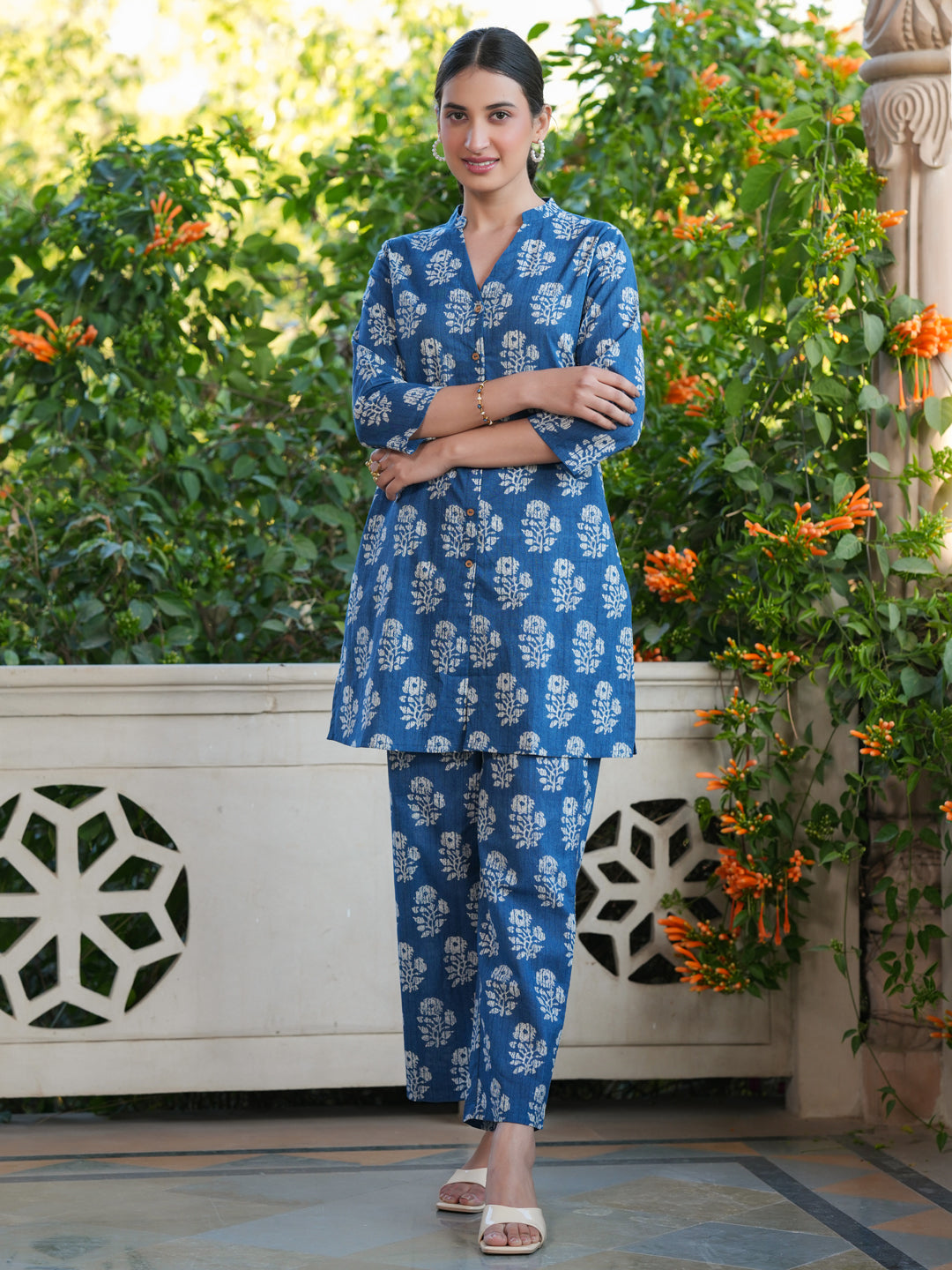 Indigo Pure Cotton Batik Printed Straight Co-ord Set