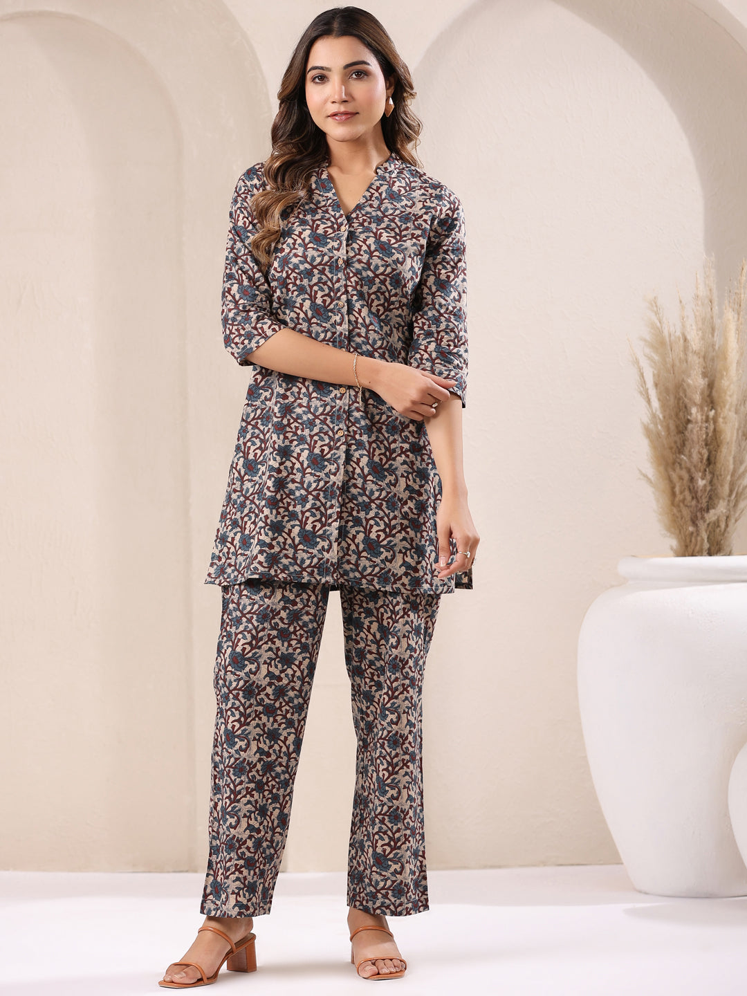 Beige Pure Cotton Floral Printed Straight Co-ord Set