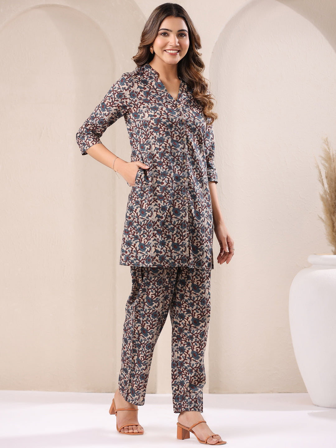 Beige Pure Cotton Floral Printed Straight Co-ord Set