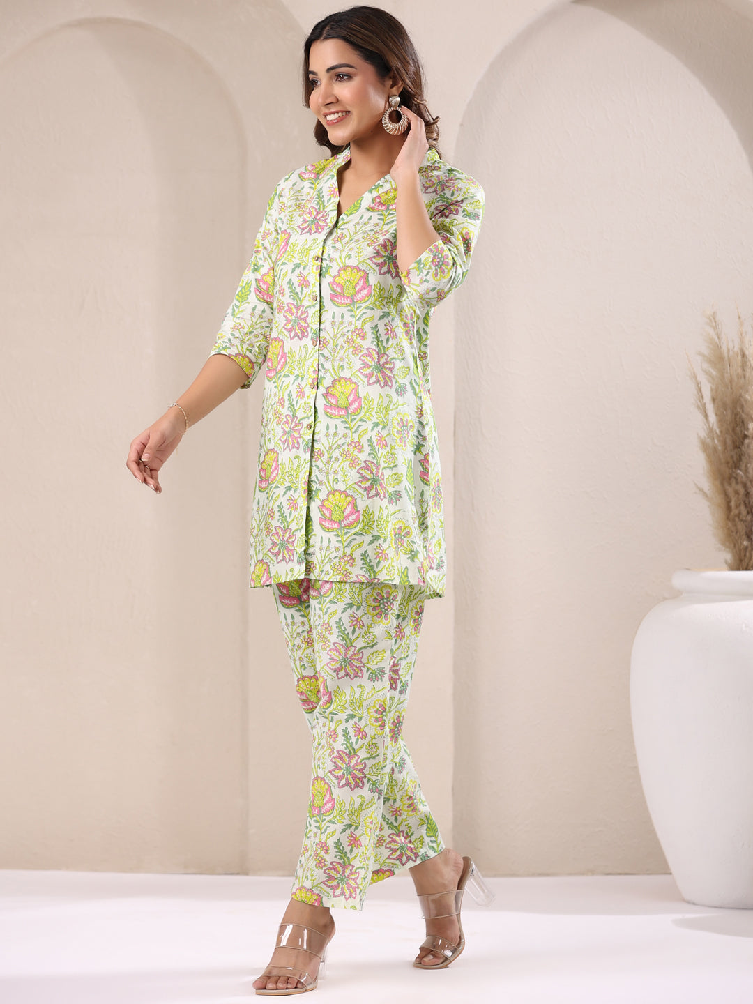 Green Pure Cotton Floral Printed Straight Co-ord Set