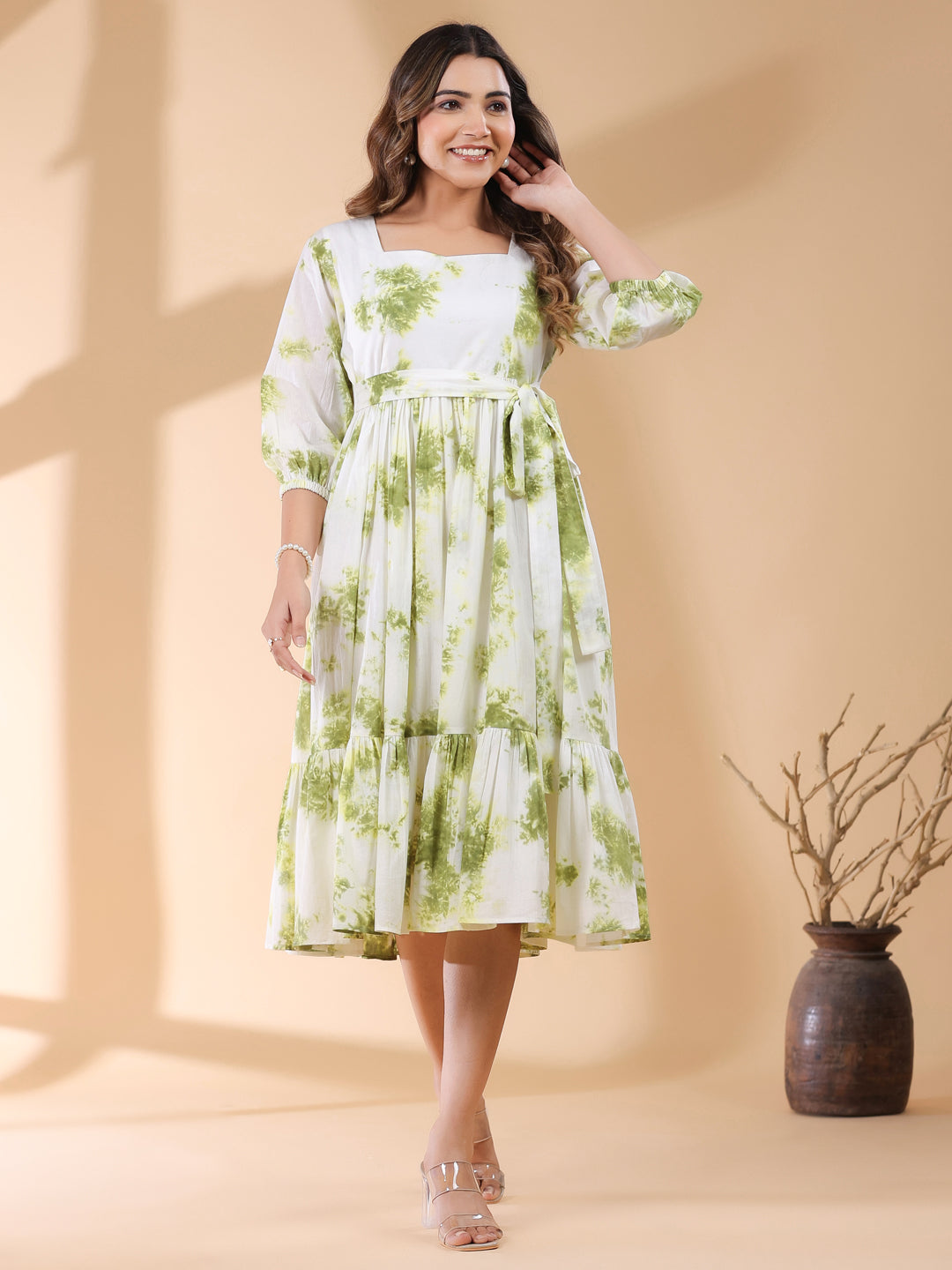 White & Green Pure Cotton Tie & Dye Tiered Dress