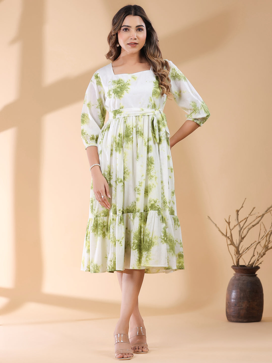 White & Green Pure Cotton Tie & Dye Tiered Dress