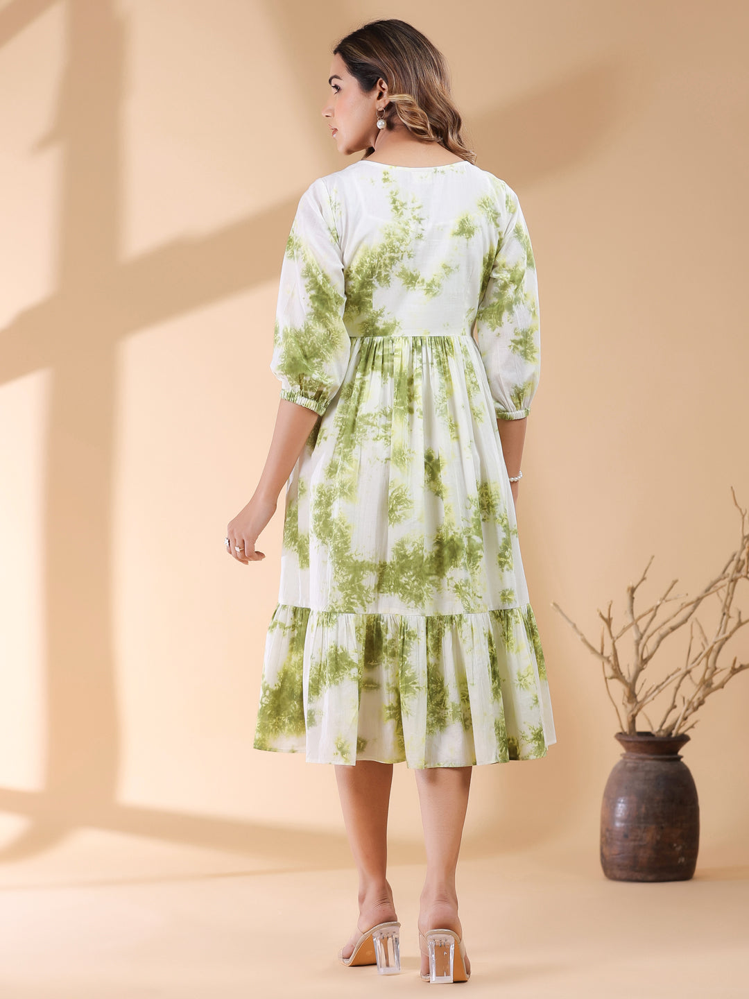 White & Green Pure Cotton Tie & Dye Tiered Dress