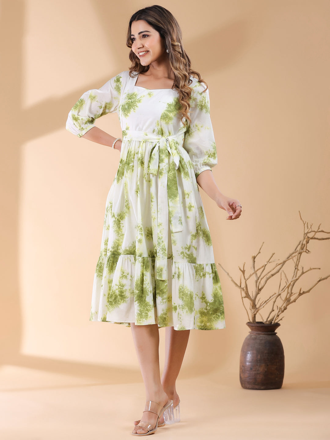 White & Green Pure Cotton Tie & Dye Tiered Dress