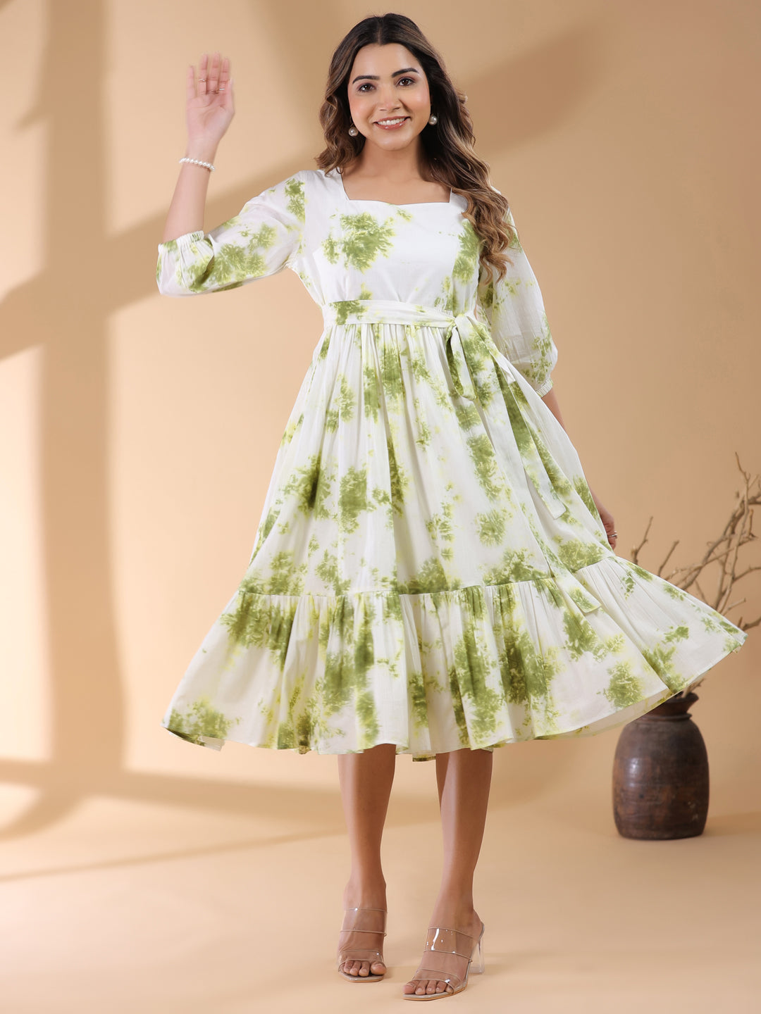 White & Green Pure Cotton Tie & Dye Tiered Dress