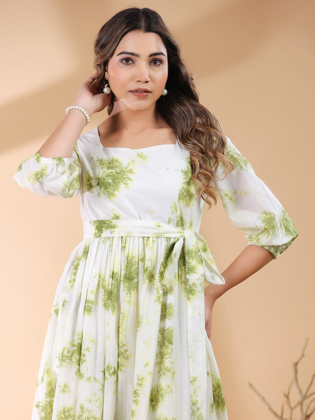 White & Green Pure Cotton Tie & Dye Tiered Dress