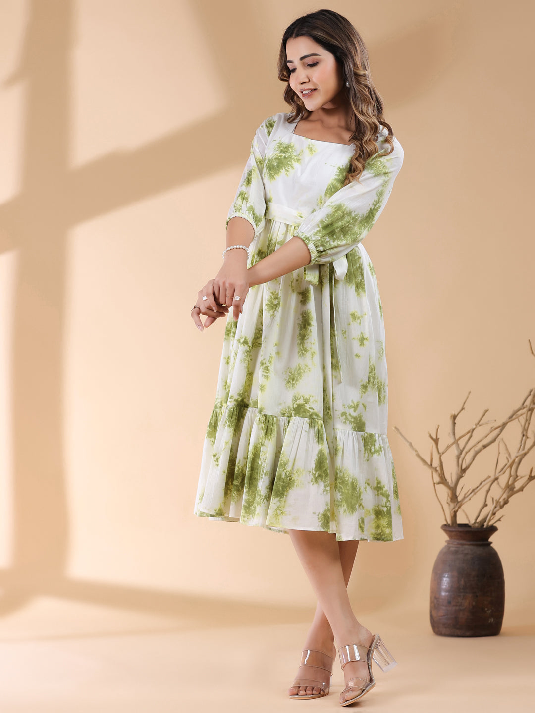 White & Green Pure Cotton Tie & Dye Tiered Dress