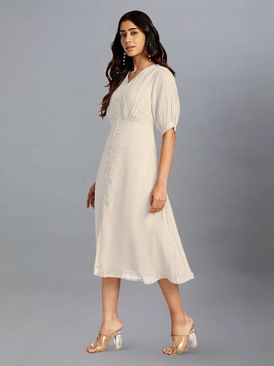 Off White Dobby Chiffon Self Design A-Line Dress