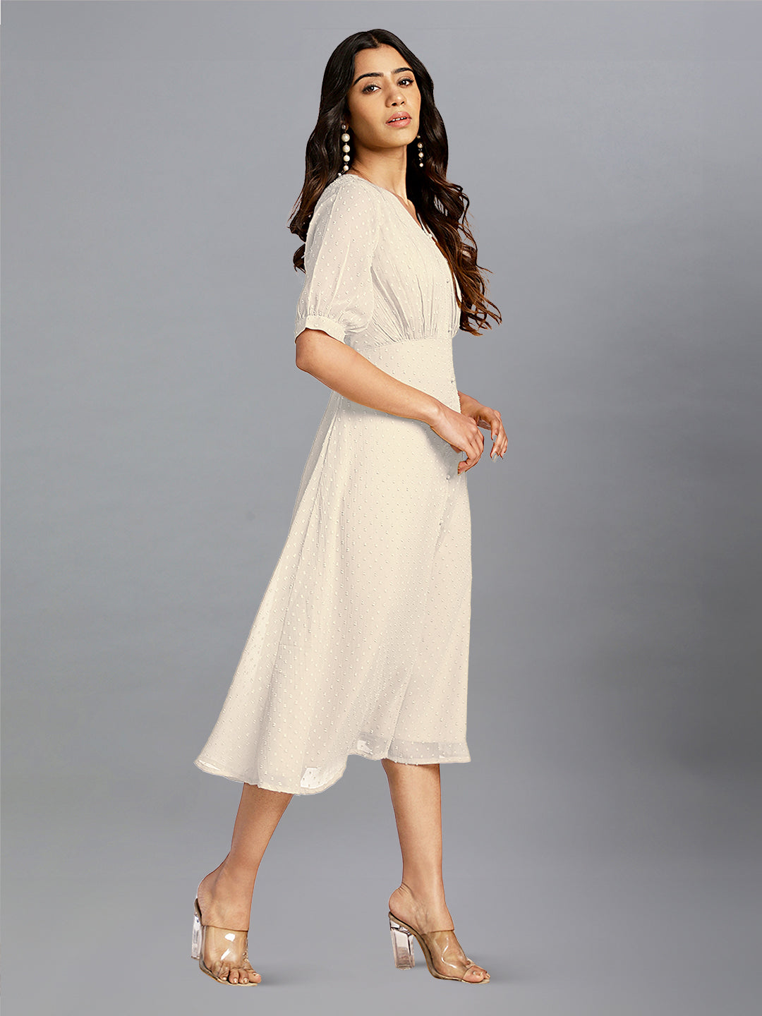 Off White Dobby Chiffon Self Design A-Line Dress