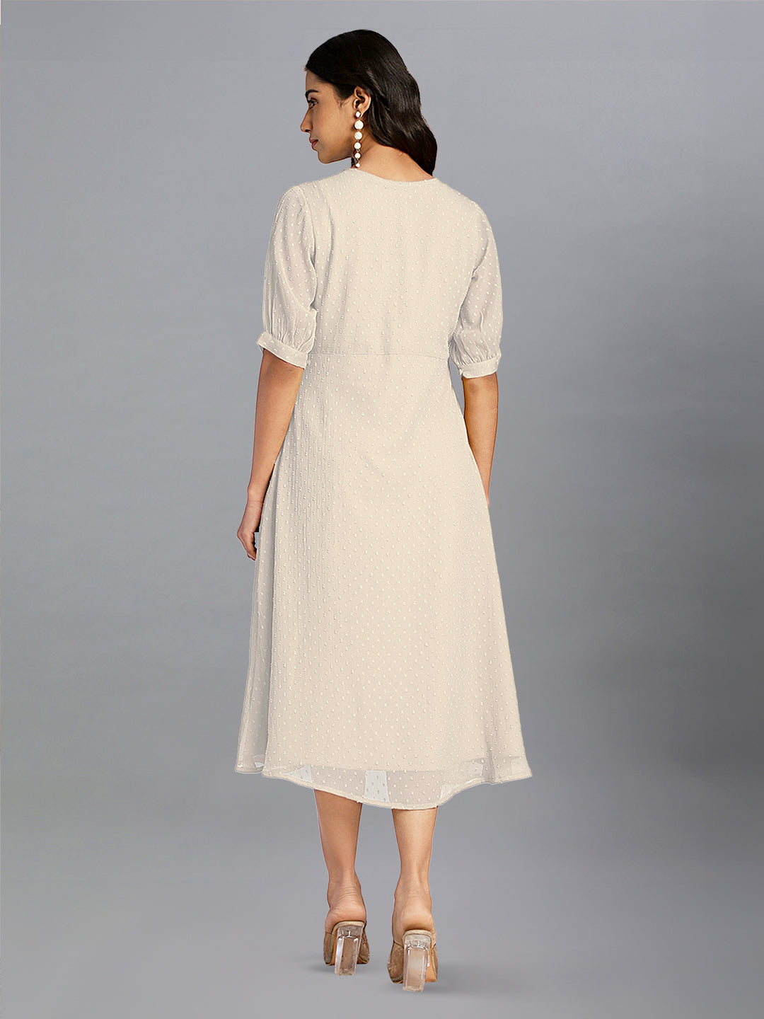 Off White Dobby Chiffon Self Design A-Line Dress