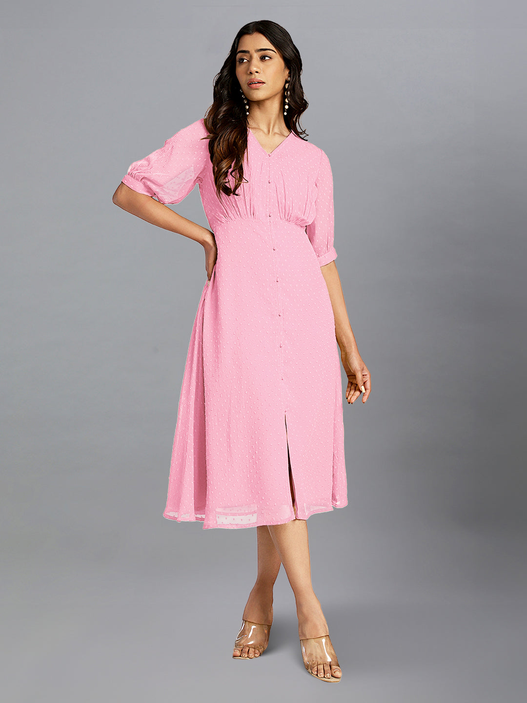 Pink Dobby Chiffon Self Design A-Line Dress