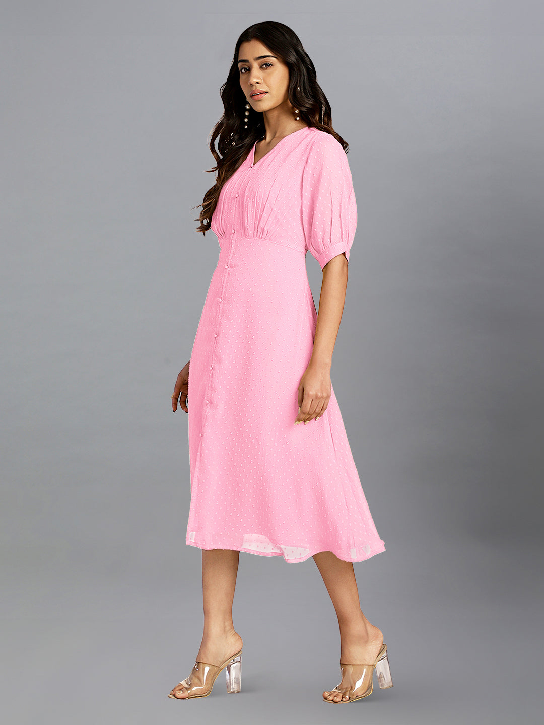 Pink Dobby Chiffon Self Design A-Line Dress