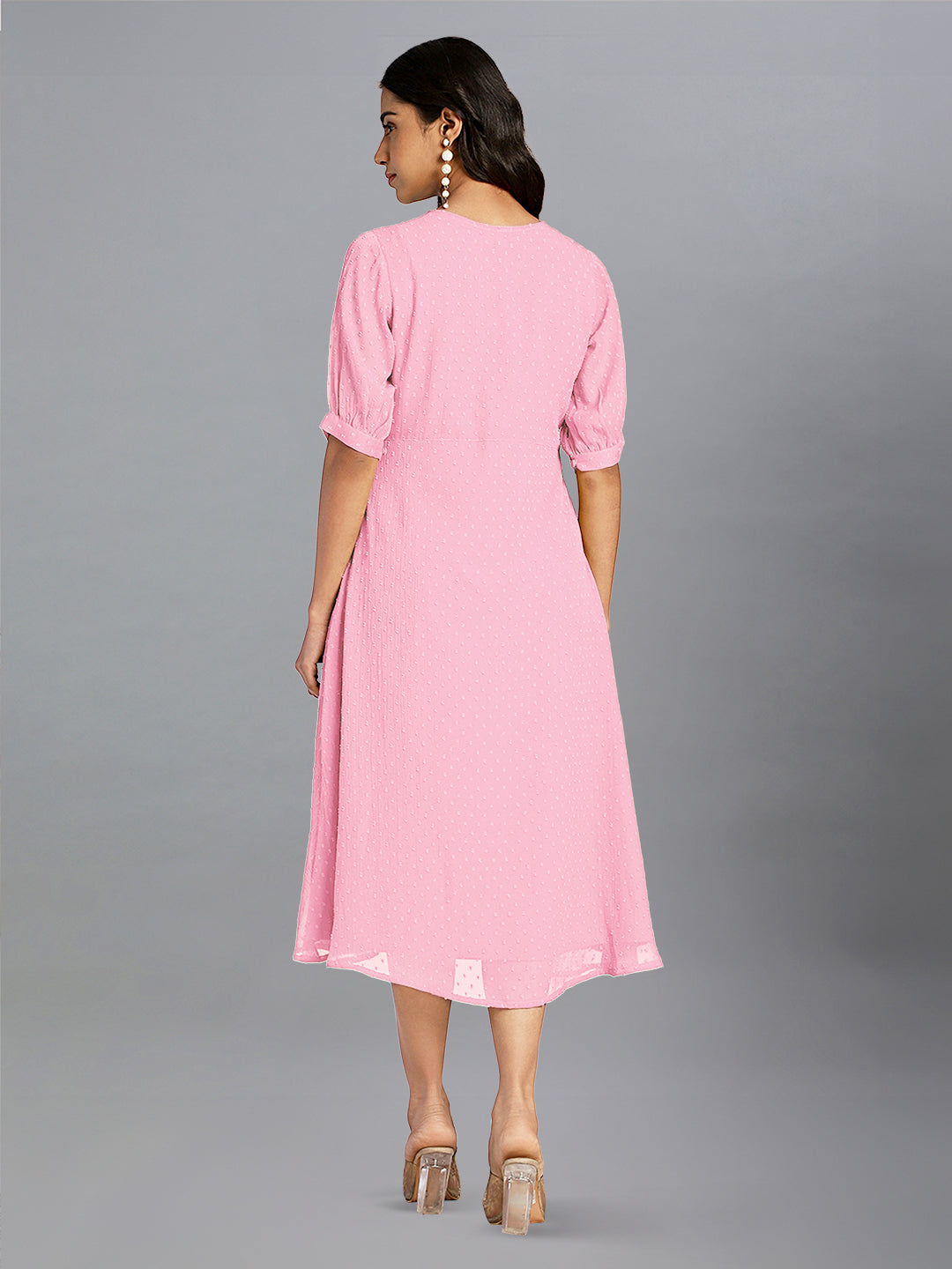 Pink Dobby Chiffon Self Design A-Line Dress