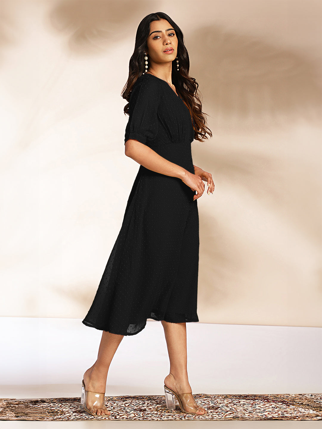 Black Dobby Chiffon Self Design A-Line Dress