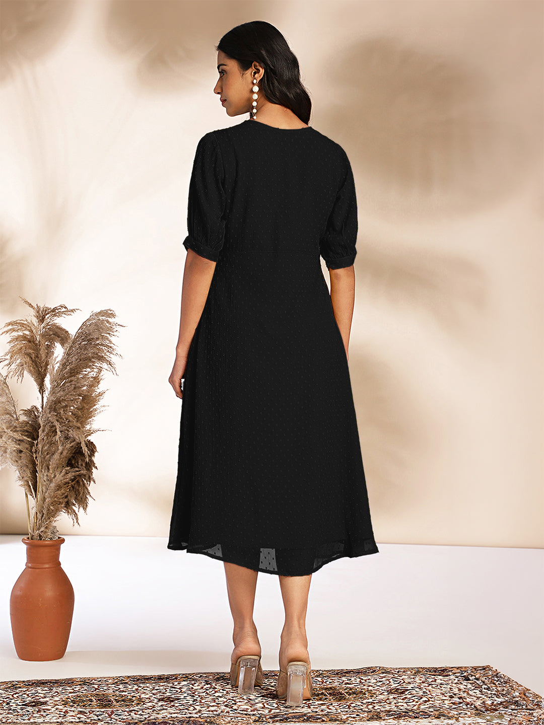 Black Dobby Chiffon Self Design A-Line Dress