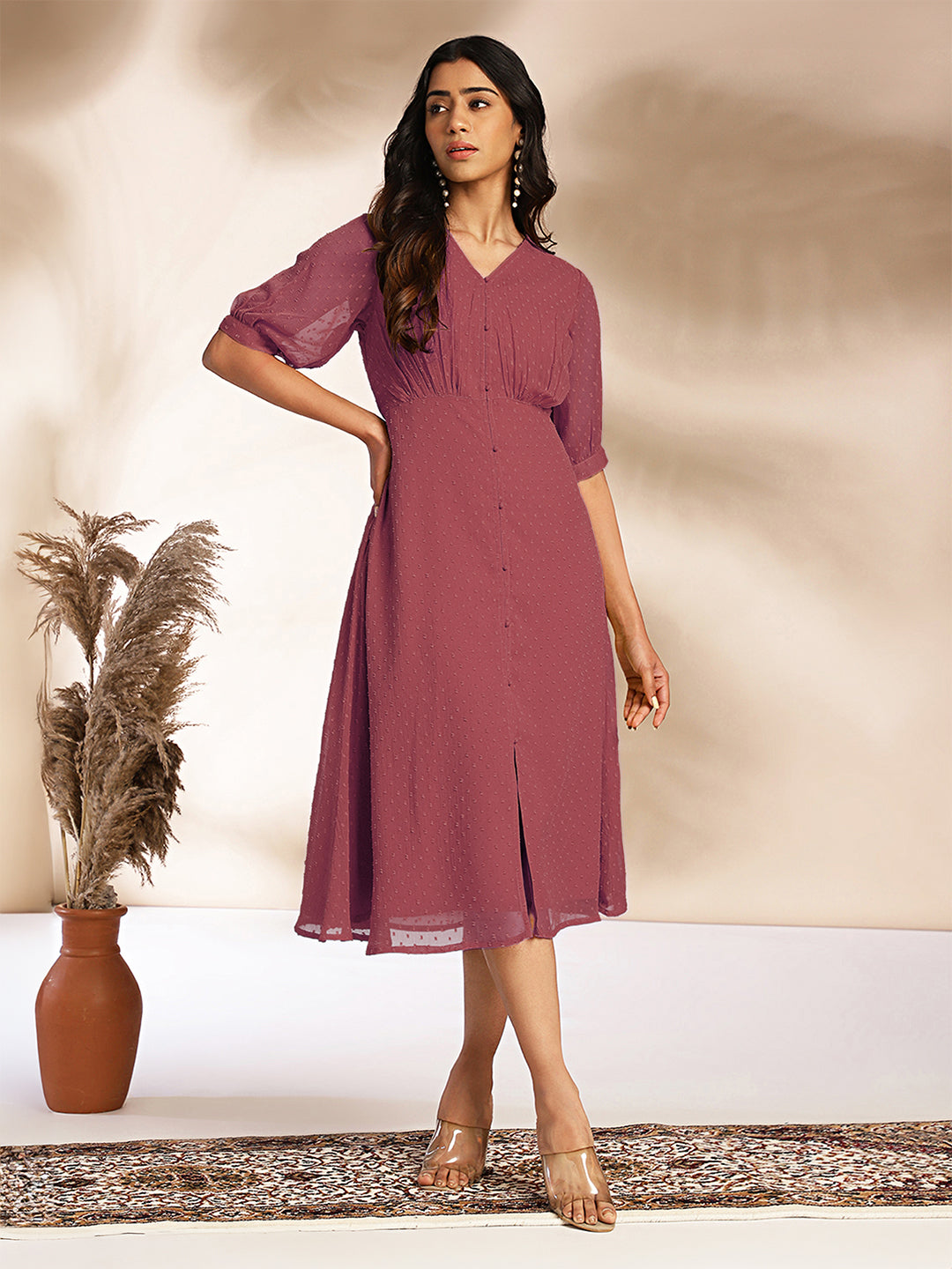 Mauve Dobby Chiffon Woven Design A-Line Dress