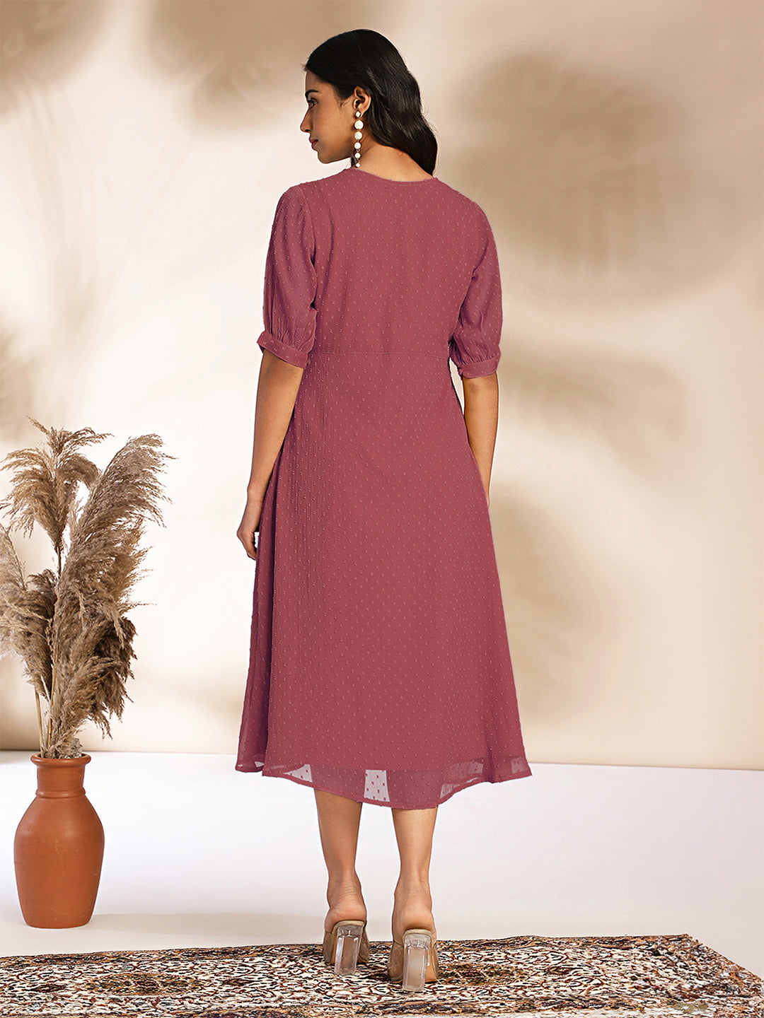 Mauve Dobby Chiffon Woven Design A-Line Dress