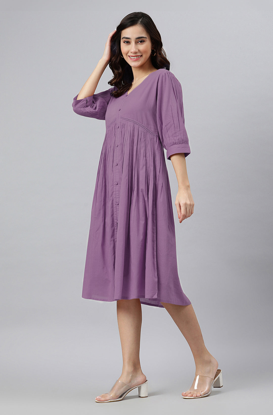 Lavender Pure Cotton Solid Gathered Dress