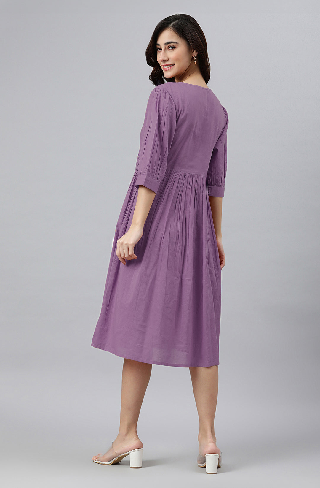 Lavender Pure Cotton Solid Gathered Dress