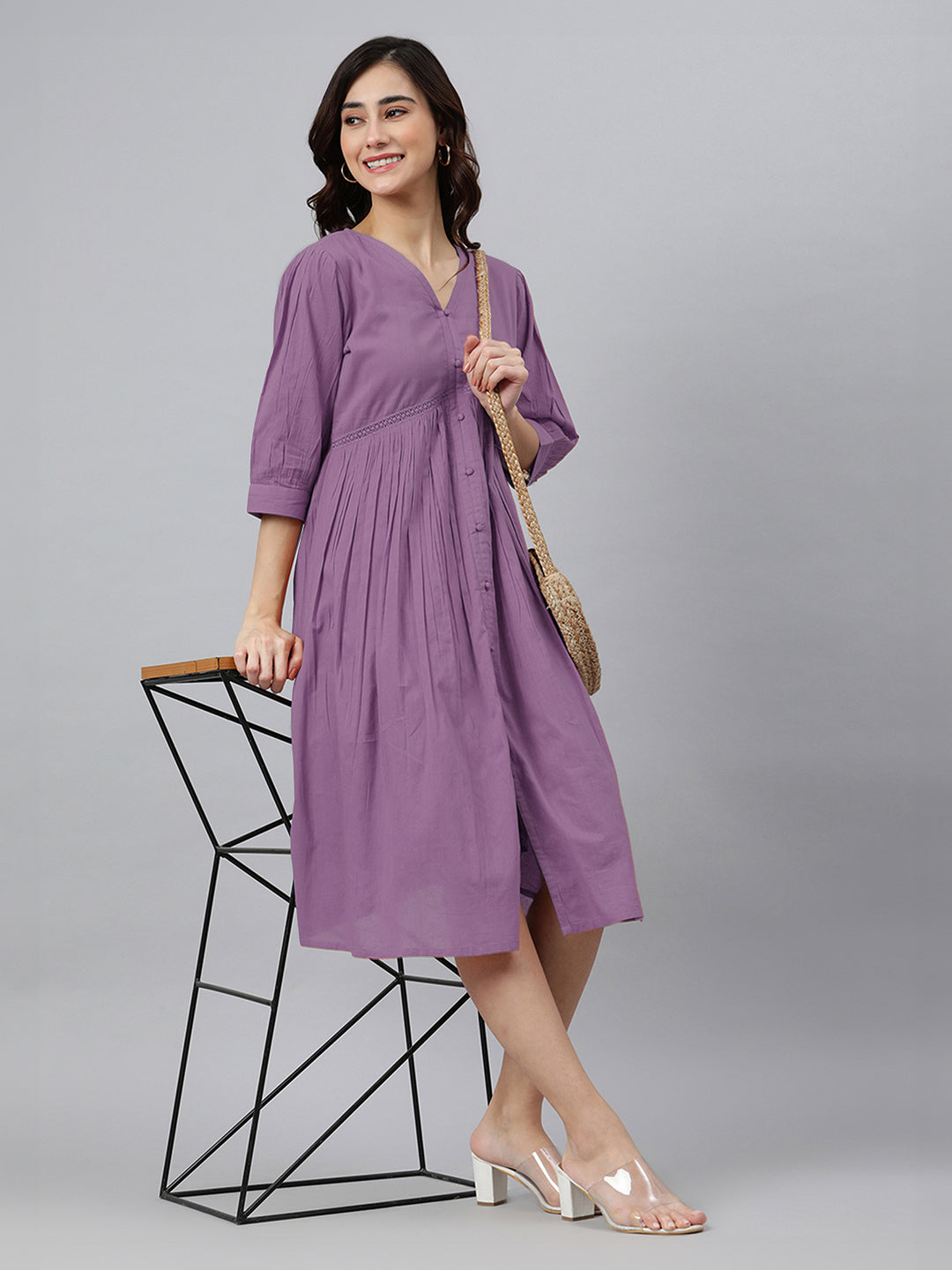 Lavender Pure Cotton Solid Gathered Dress