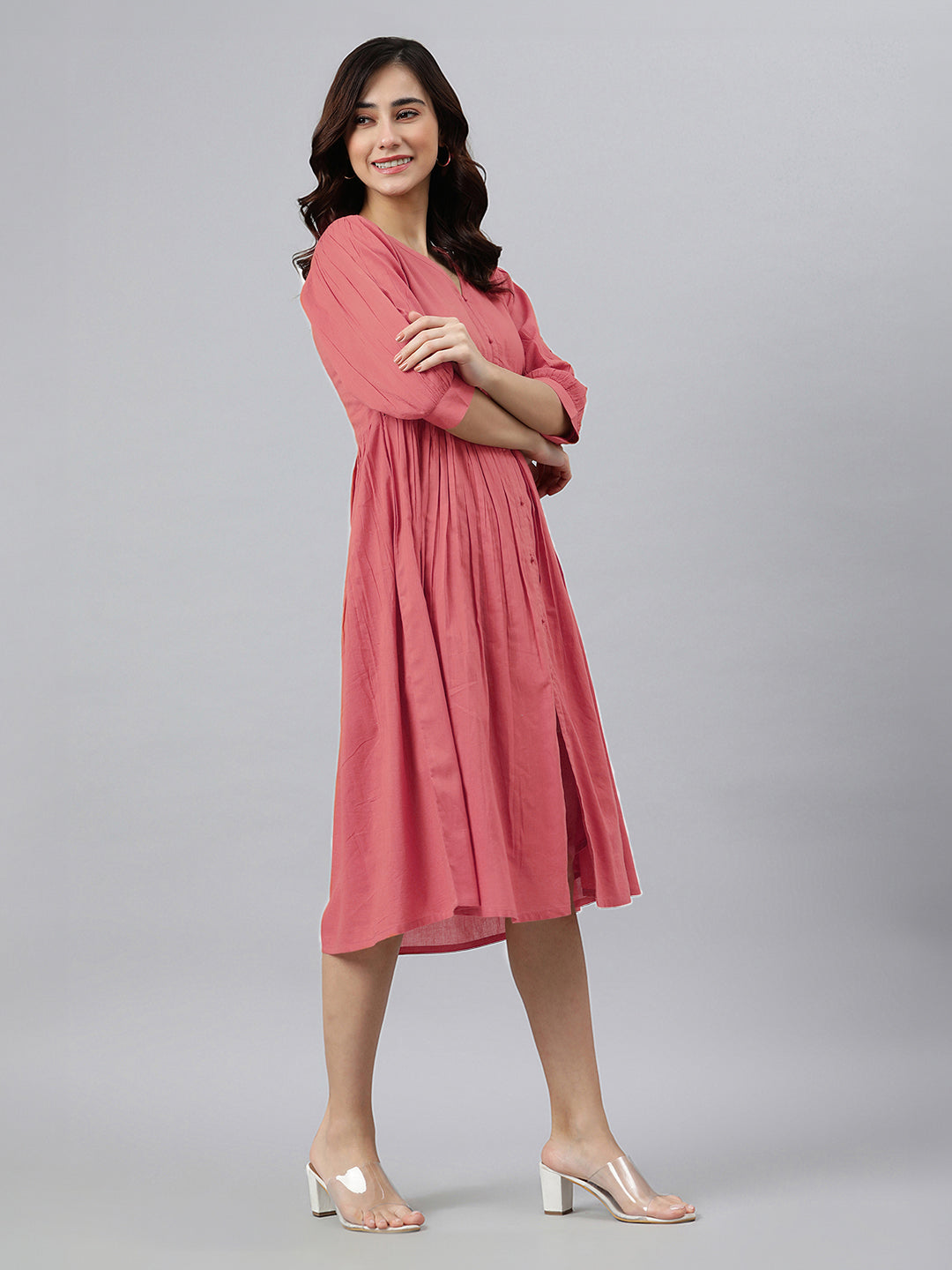 Peach Pure Cotton Solid Gathered Dress