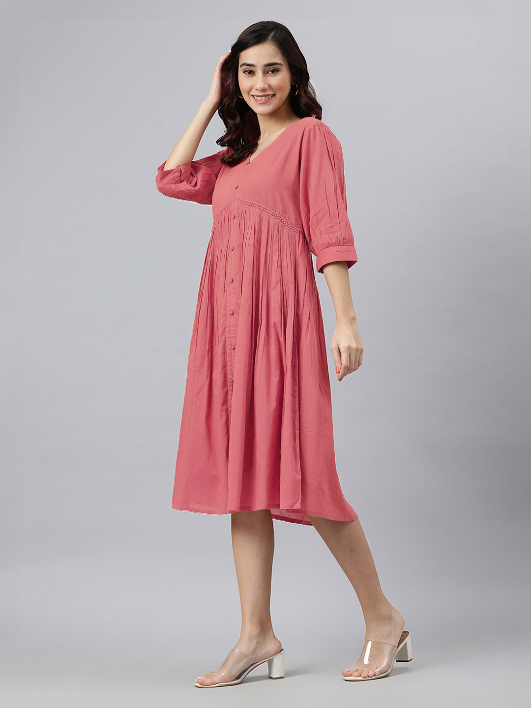 Peach Pure Cotton Solid Gathered Dress