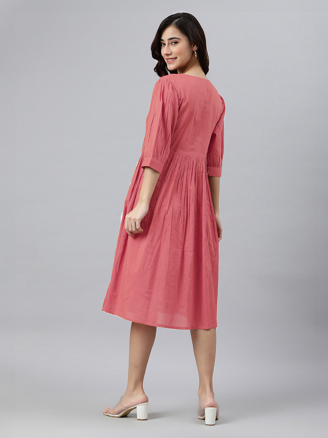 Peach Pure Cotton Solid Gathered Dress