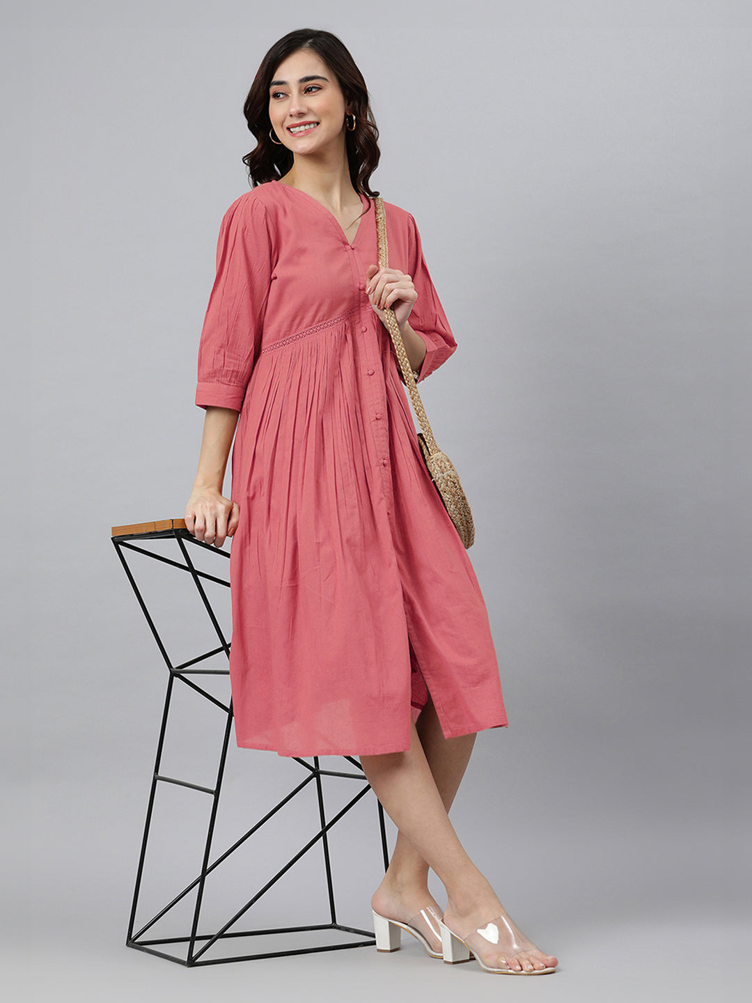 Peach Pure Cotton Solid Gathered Dress