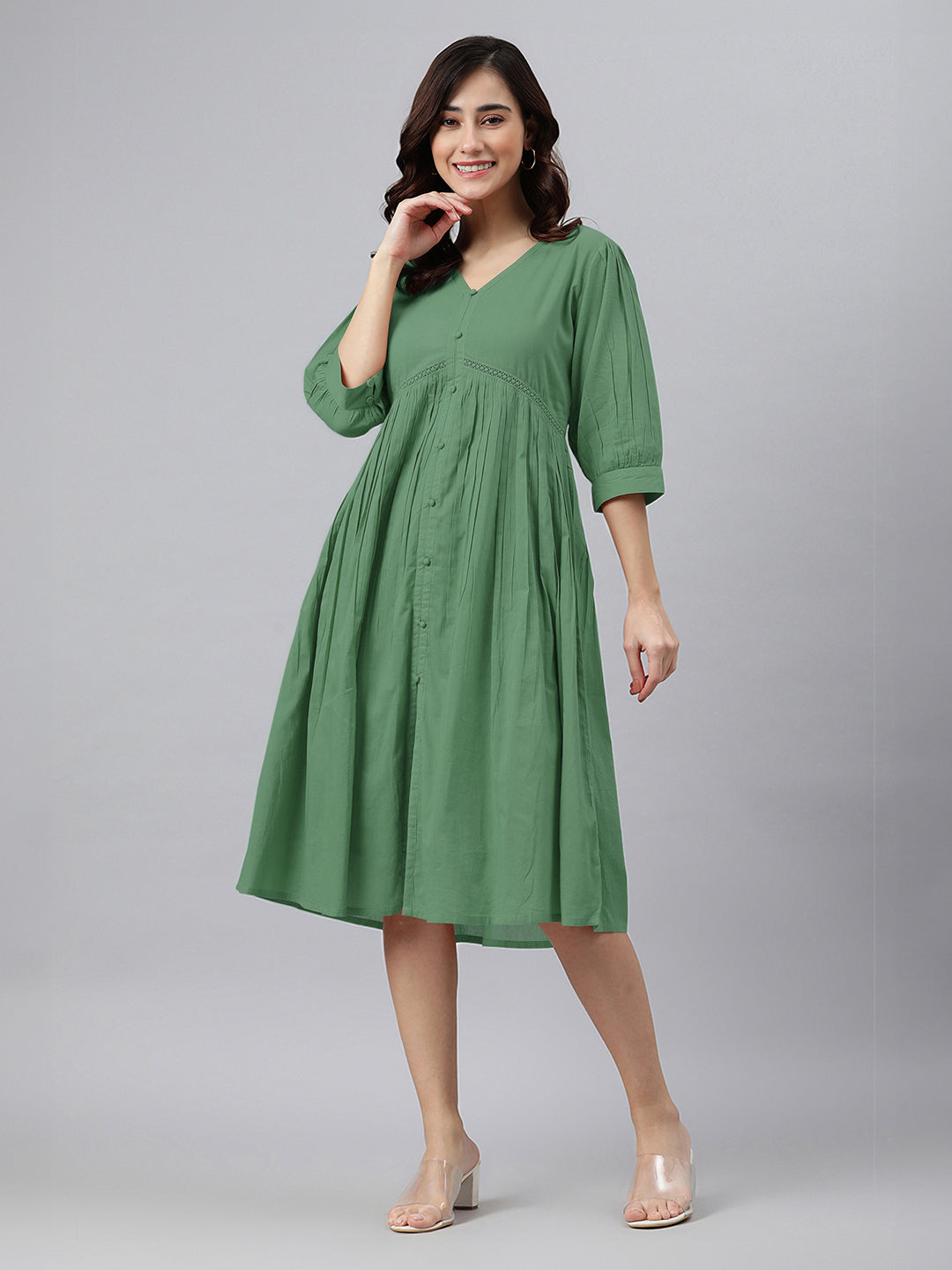 Green Pure Cotton Solid Gathered Dress