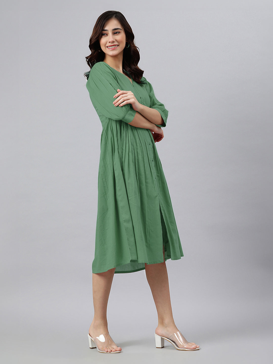 Green Pure Cotton Solid Gathered Dress