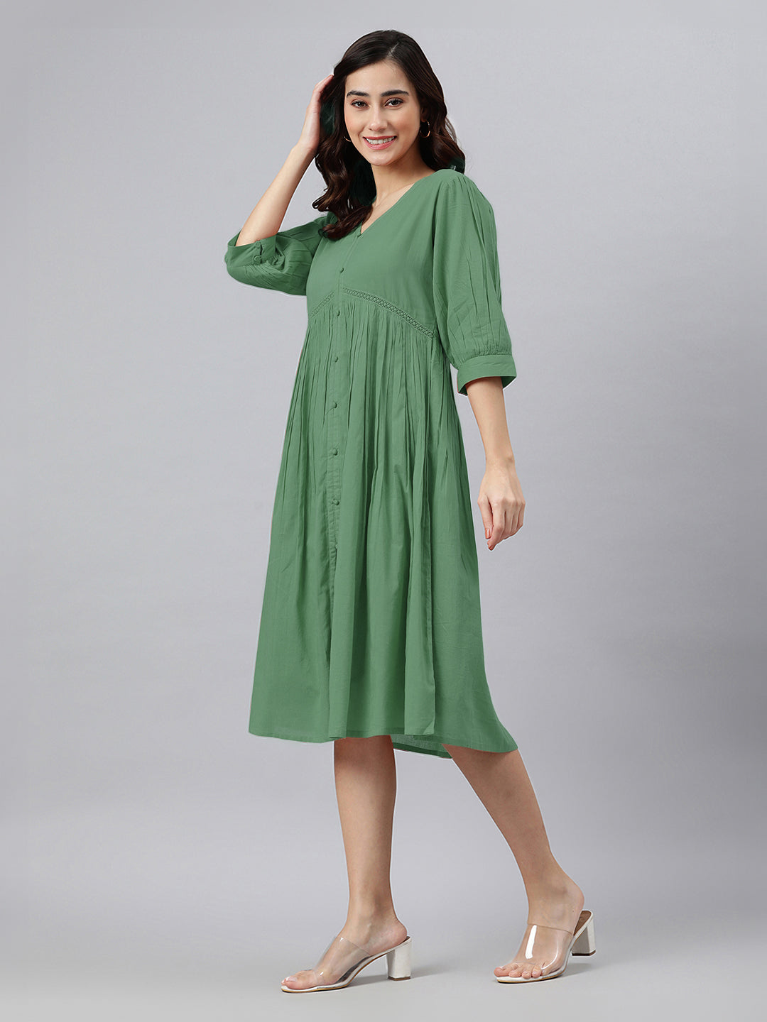 Green Pure Cotton Solid Gathered Dress