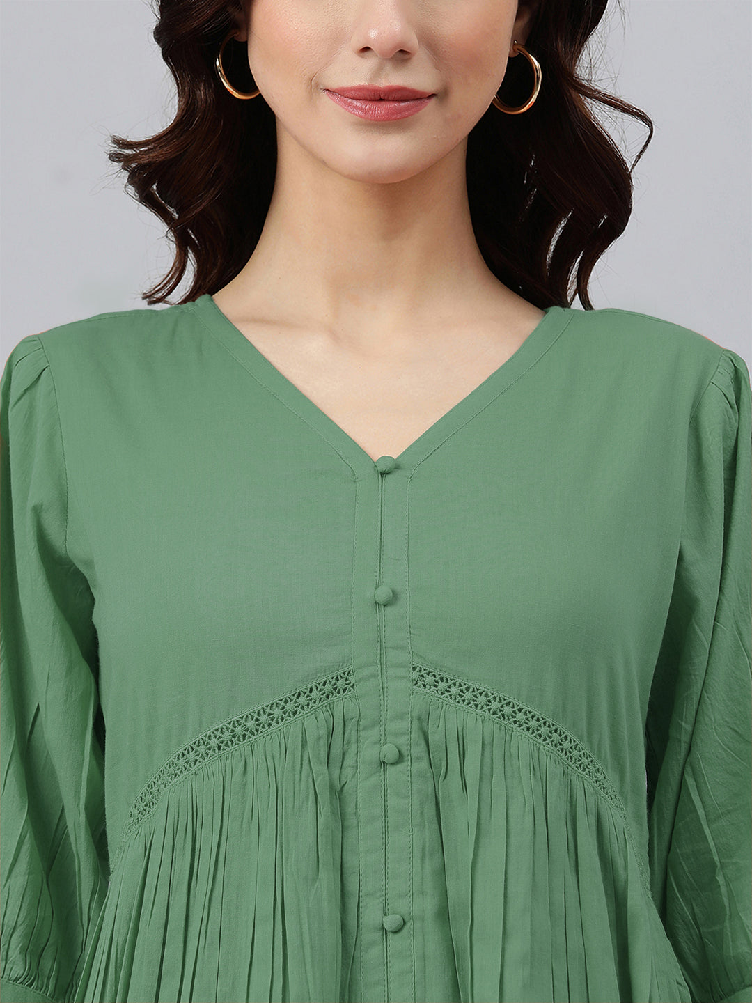 Green Pure Cotton Solid Gathered Dress