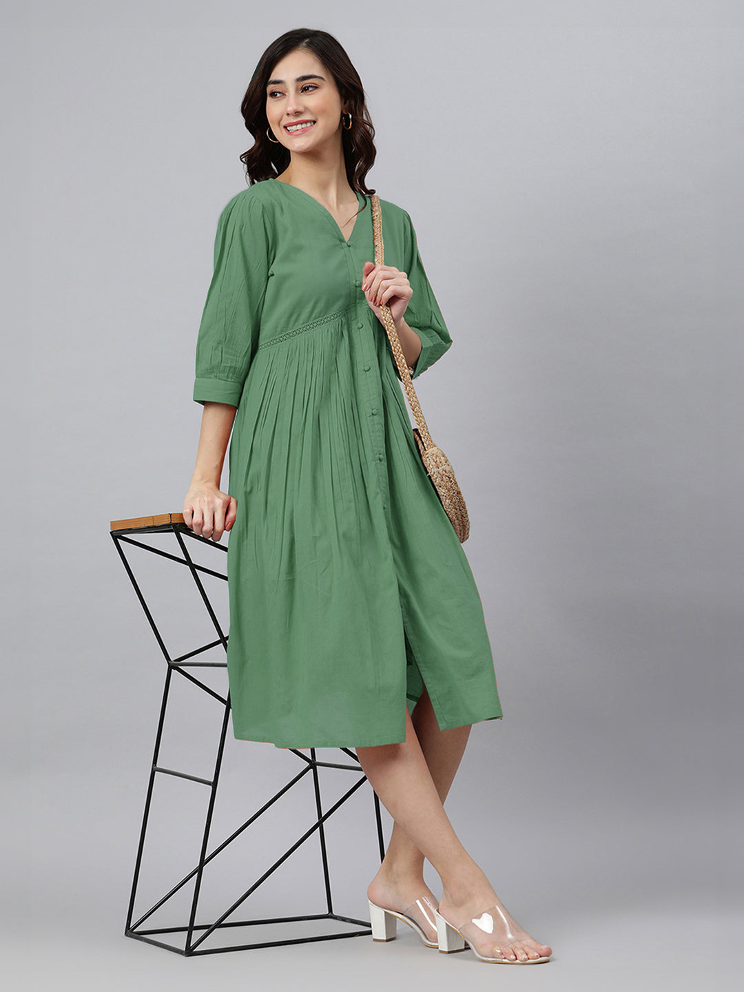 Green Pure Cotton Solid Gathered Dress