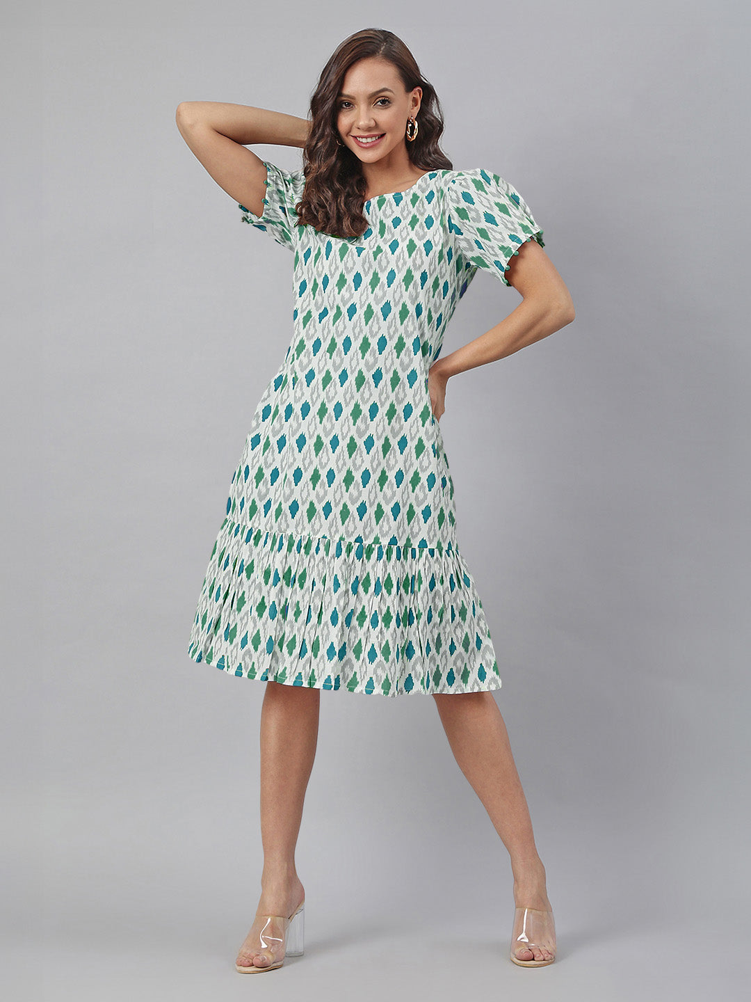 White Pure Cotton Ikkat Printed A-line Dress
