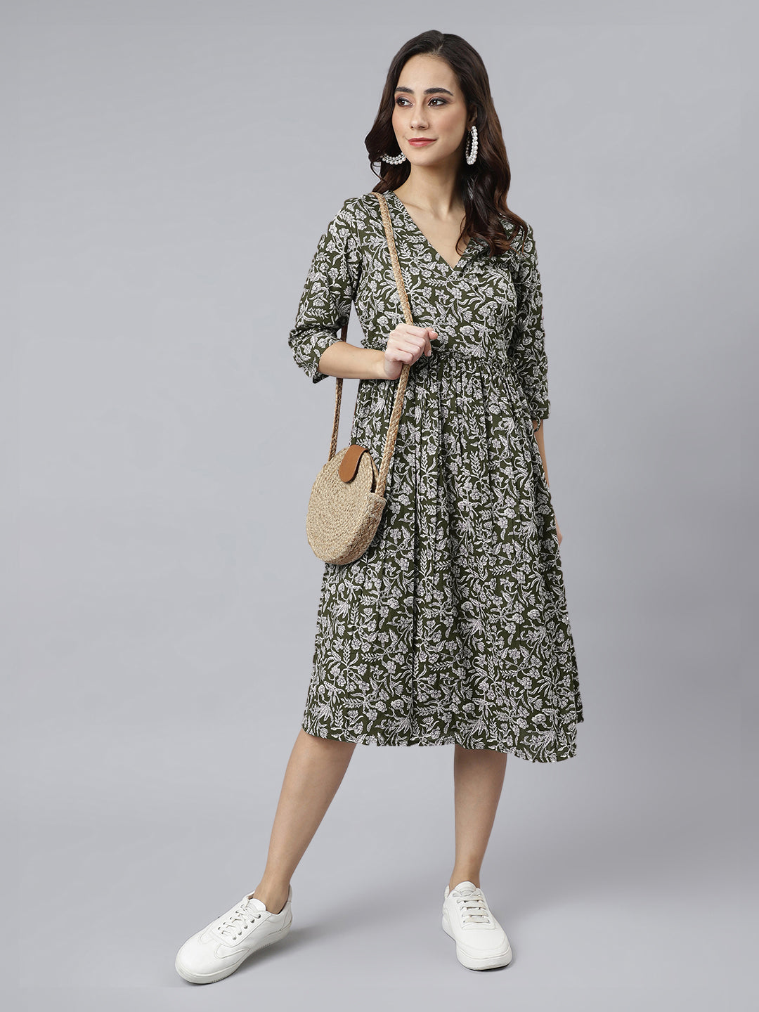 Olive Green Pure Cotton Floral Printed Angrakha Dress