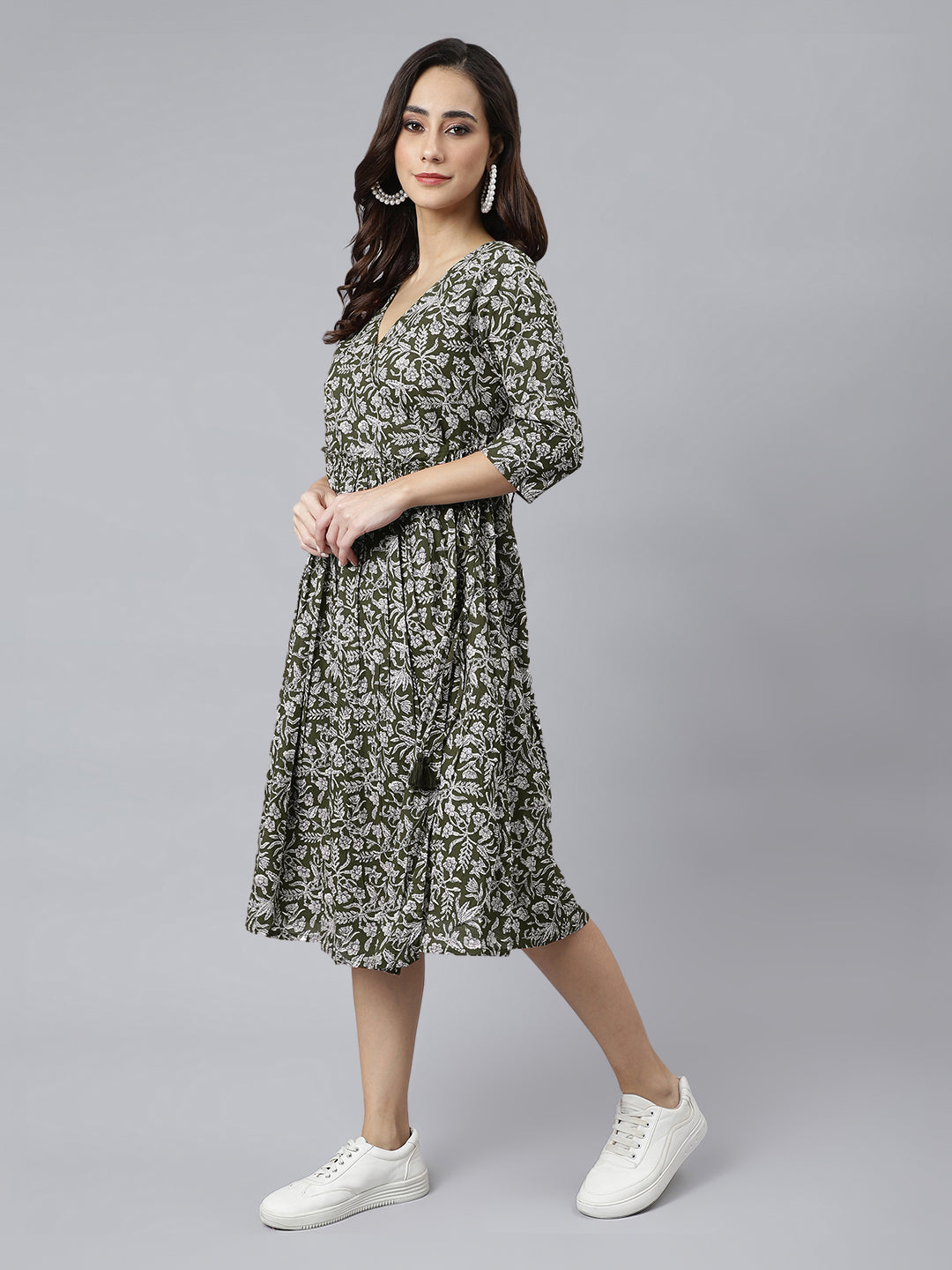 Olive Green Pure Cotton Floral Printed Angrakha Dress