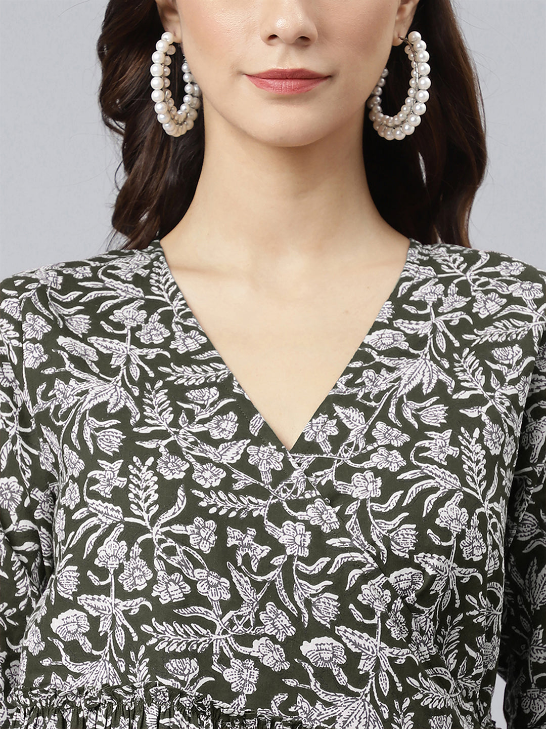 Olive Green Pure Cotton Floral Printed Angrakha Dress