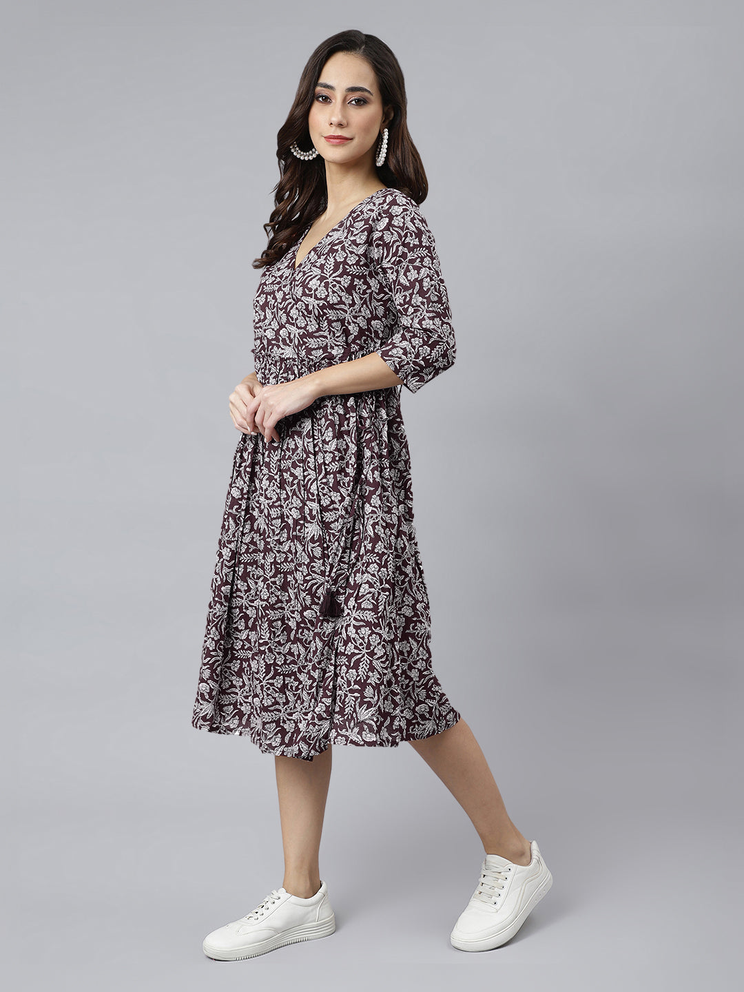 Wine Pure Cotton Floral Printed Angrakha Dress