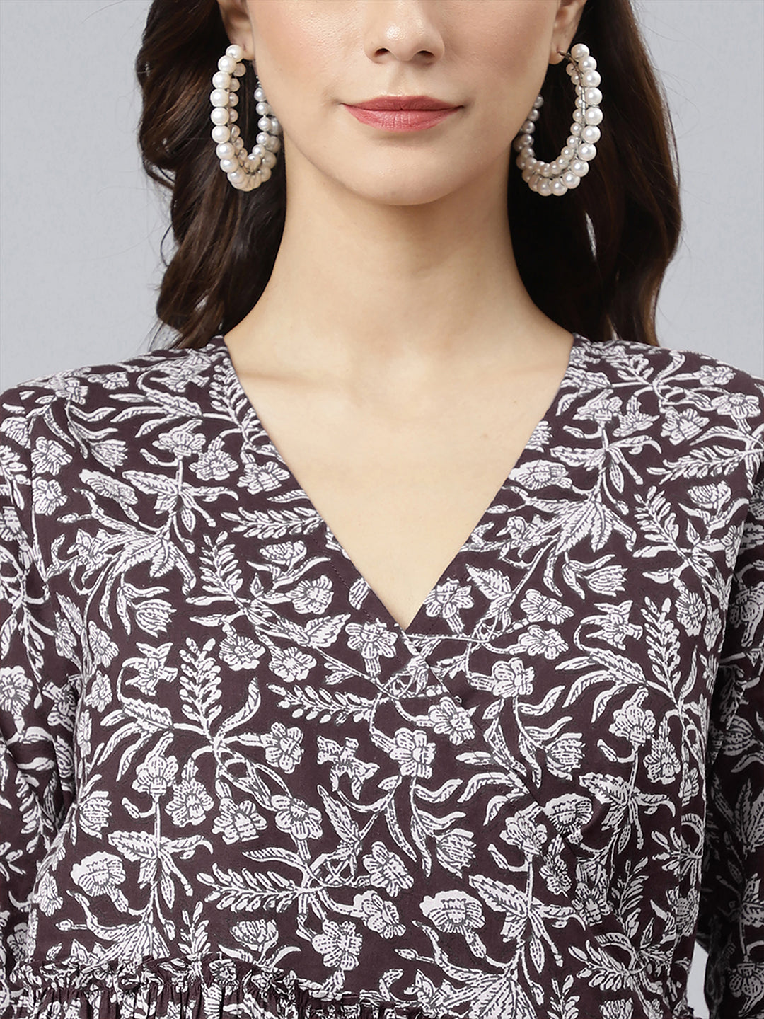 Wine Pure Cotton Floral Printed Angrakha Dress