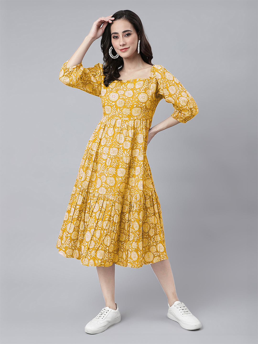 Yellow Pure Cotton Floral Printed Tiered Dress